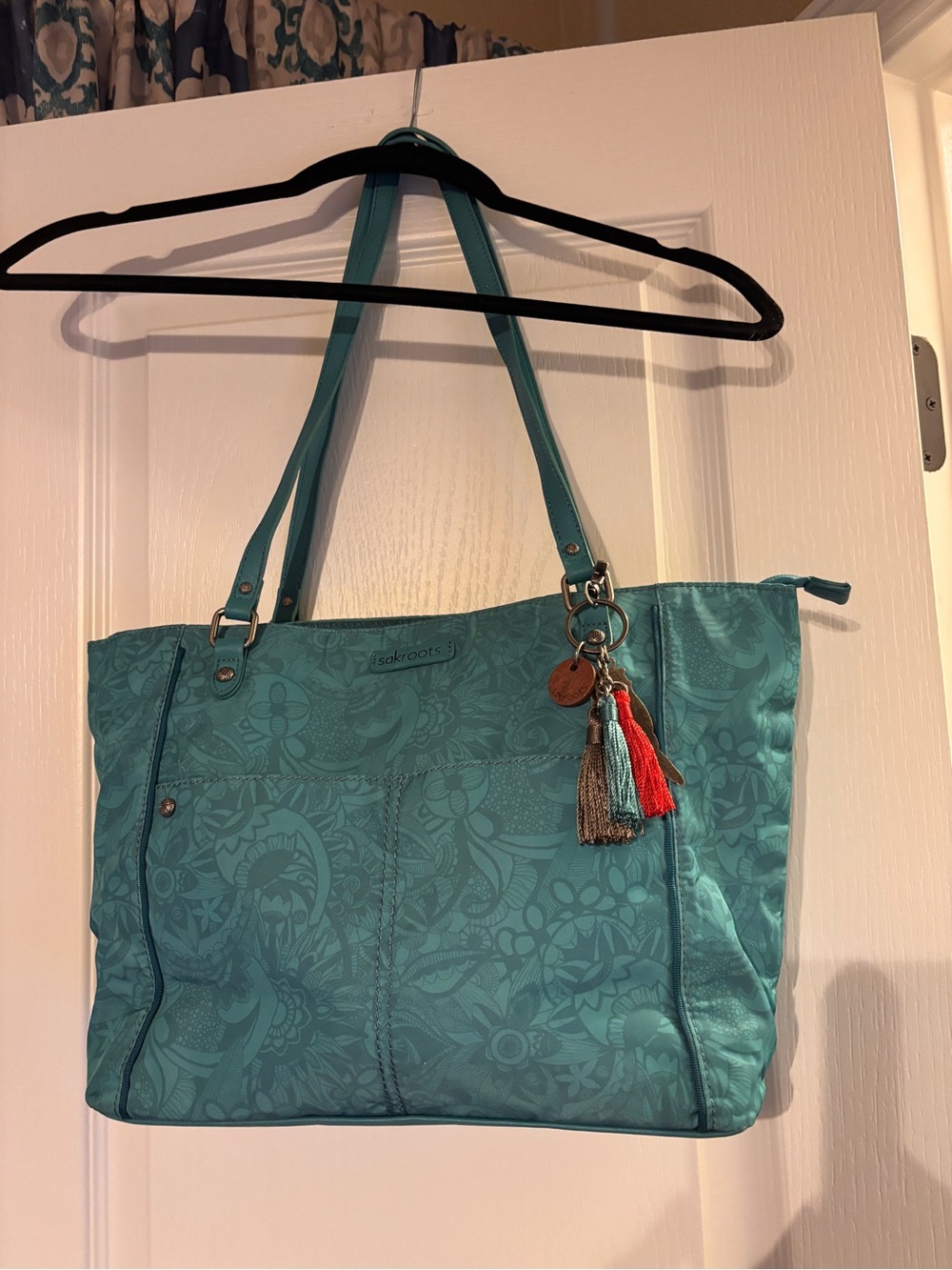 Sakroots Teal Floral-Patterned Tote with Tassel Accents